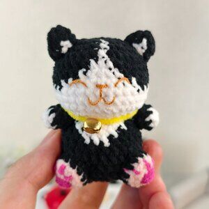 Handmade Amigurumi Crochet Black and White Smiling Cat Plushie